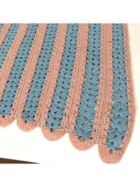 Handmade Crochet Afghan Blanket Throw 74x47 Blue Pink Stripe Scallop Acrylic